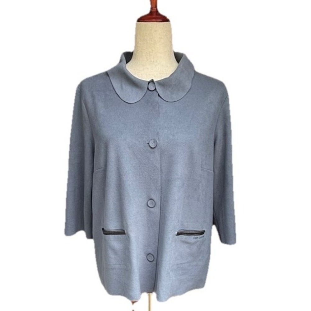 Cop Copine Faux Suede Blue Black Leather Trim Button Up Jacket Womens 40 Large